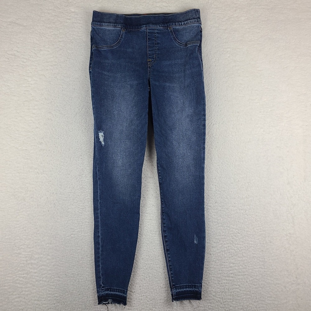 SPANX  Pull On Jeans Womens Medium Blue Skinny Distress Fray Dark Wash Denim